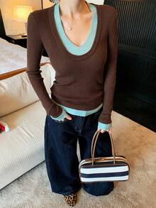 Korean Style Chic Color Block 2 In 1 V-Neck Knit Pullover Long Sleeve Sweater Women Fashion Slim Fit Elegant Knit Top Fall - Coffee and Green - View 2