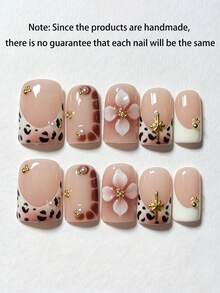 10PCS Personalized Elegant Y2K Hand-Painted Leopard Print White French Brown Snake Skin 3D Four-Petal Carved Gold Starburst Mini Pearl Square Press-On Nails, Autumn/Winter Atmosphere Maillard Nails - Multicolor - View 1