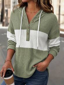 Women's Drawstring Contrast Color Button Design Hooded Knit Sweatshirt - Green - View 6