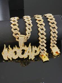 European And American Hip-Hop Flame NO CAP Letter Full Rhinestone Cuban Chain Set, Men's Zirconia Inlaid Necklace And Bracelet 2 Pieces Set, Gold And Silver Dual-Tone Rap Streetwear Accessories, Boyfriend Gift - NO CAP - View 12