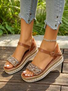 Women's Rivet Decor Rhinestone Ankle Strap Single Buckle Wide Toe Box Wedge Heel Thick Sole Sandals Summer Elegant Vacation Style Rust Brown Wedge High Heels - Rust Brown - View 3