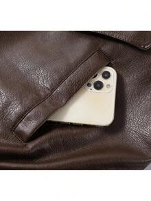 American Korean Style Black PU Leather Jacket With Zipper, College Vacation Casual Autumn/Winter - Coffee Brown - View 4