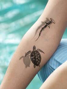 Black 3D Minimalist Marine Life Turtle Shark Pattern Party Gift DIY Concert Holiday Gift Temporary Waterproof Tattoo Stickers For Arm Shoulder Neck Collarbone - Black - View 2