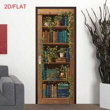 2Pcs/Set Vintage Fake Bookshelf Door Stickers Cottage Core 2D Visual Ivy Plant Bookcase Removable PVC Illusion Vertical Wall Decals For Bedroom Hidden Door Home Decor - A - View 10
