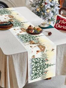 1pc Christmas Table Runner,Watercolor Snowy Forest Reindeer Print Tablecover,Rustic Winter Long Tablecloth For Dining Room Xmas Eve Party Decor - Multicolor - View 5