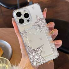 Transparent Card Slot Compatible With Apple Series Glitter Star Transparent Card Holder Phone Case, Four-Corner Anti-Drop Soft Shell, Can Insert Bank Card And ID Card, Luxury Style Girly Protective Cover - Clear - View 1