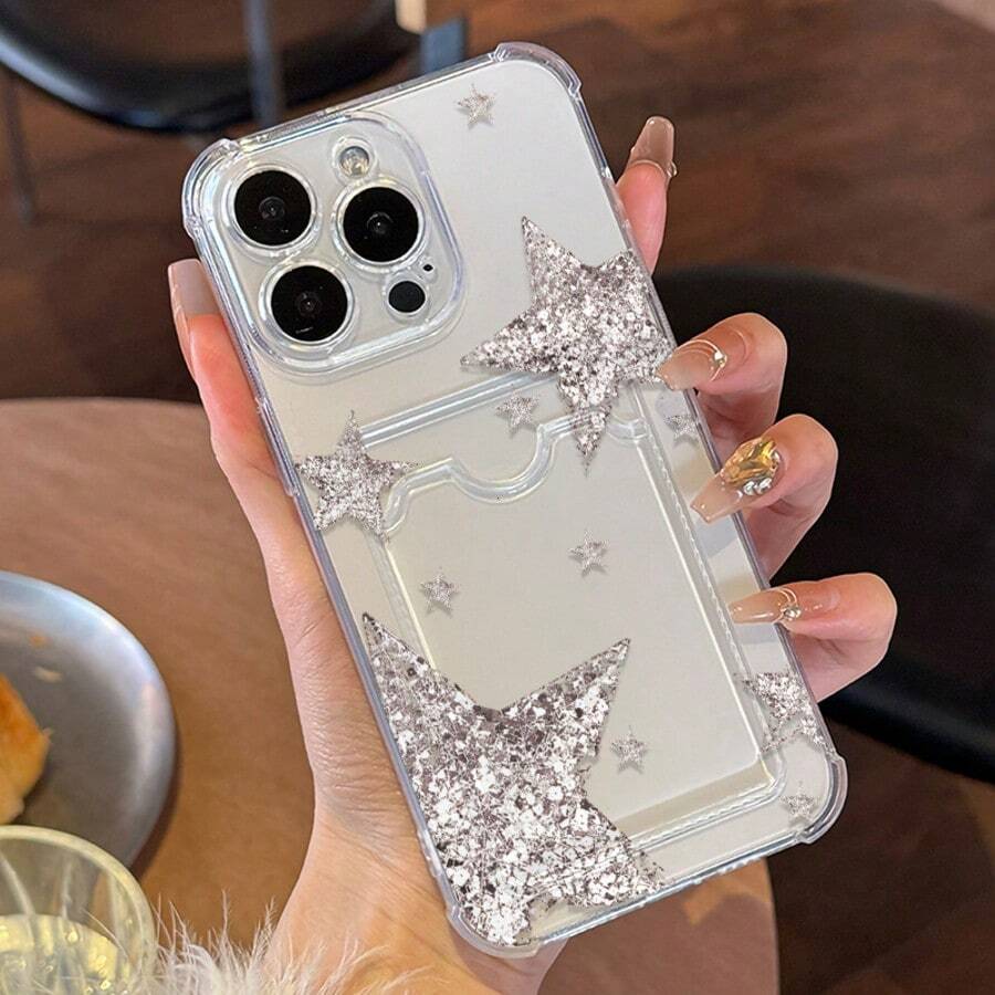 Transparent Card Slot Compatible With Apple Series Glitter Star Transparent Card Holder Phone Case, Four-Corner Anti-Drop Soft Shell, Can Insert Bank Card And ID Card, Luxury Style Girly Protective Cover - Clear - View 1