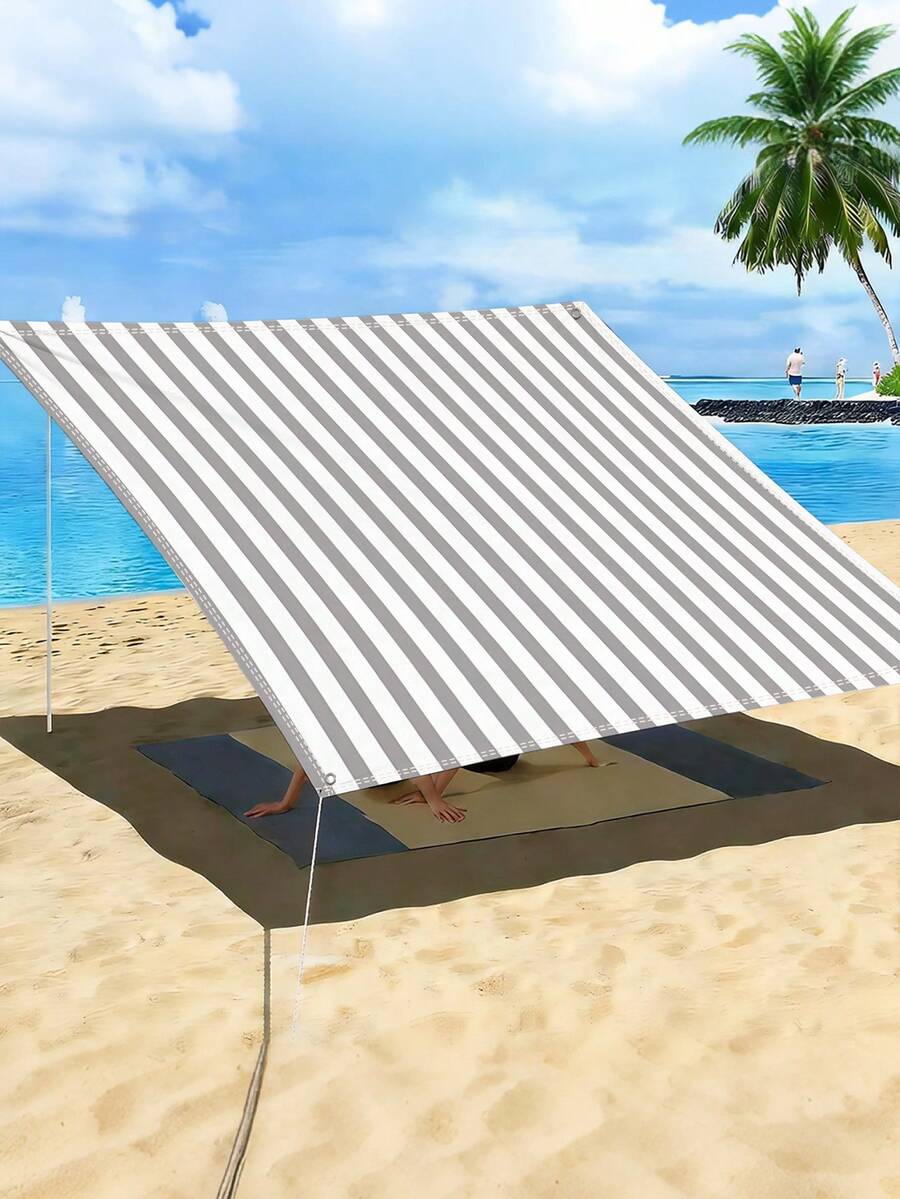 1pc Simple Striped Print Pattern Sunshade Cloth, 2D Flat Print Outdoor Camping Tent, Sunshade Cloth, Camping Hiking Sunshade And Canopy, Washable, Suitable For Various Scenes Such As Garden, Camping, Beach, Without Support Frame - Light Grey - View 1