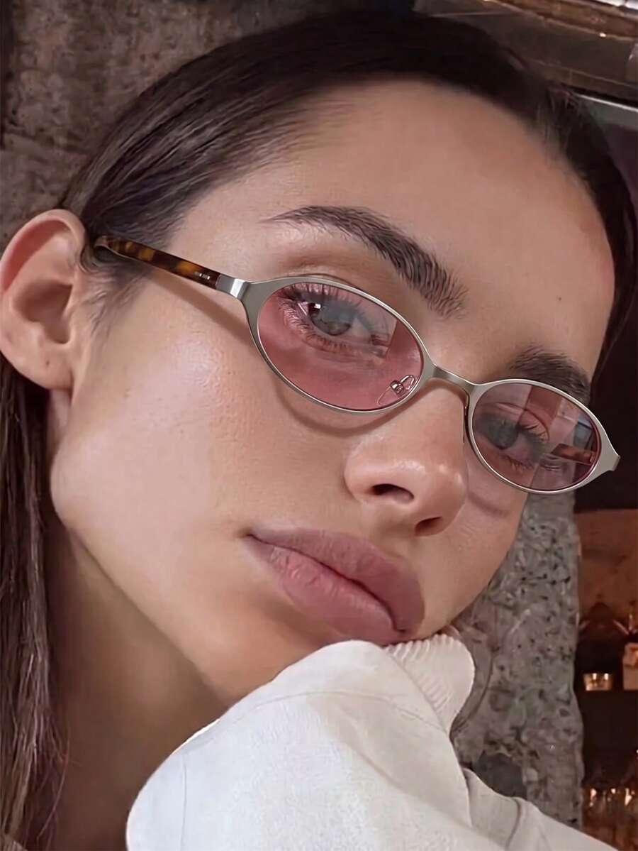 1 Pair Women's Silver Oval Frame Bohemian Style Vacation Fashion Glasses - Silver - View 1