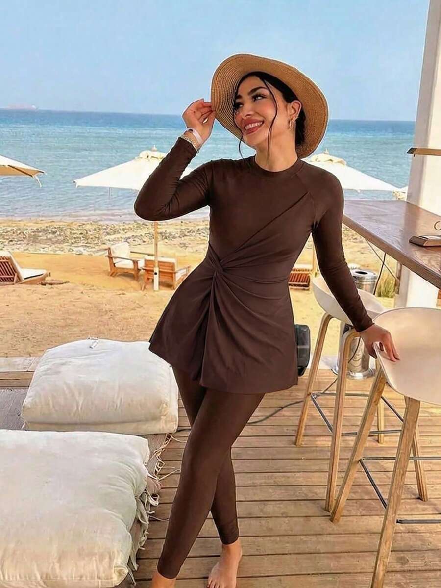 HaiiMeid 純色側扭結長袖上衣與長褲比基尼套裝，適合海灘度假夏季棕色 - 棕色 - 查看 1
