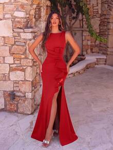 ADYCE Women's High Waist Pleated Ruffle Backless Party Dress, Suitable For Prom, Party, Date Night, Wedding Guest - Red - View 5