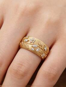 Tsnamer 1pc Vintage Elegant Carved Leaf & Flower Pattern Women's Ring, Gift Jewelry, Wedding Ring - Ring - View 1