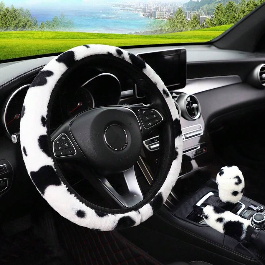 Fashionable Cow Print Plush Elastic Steering Wheel Cover, No Inner Ring, Autumn/Winter Fuzzy Steering Wheel Cover - Multicolor - View 1