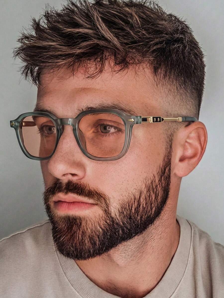 1PC Men's Multi-Color Geometric Gold Plastic Combination Retro Personalized Cool Street Style Glasses Studded High-End Fashion Decorative Shades, Suitable For Vacation, Beach, Seaside, Driving, Street Photography, Travel, Dating, Commuting, Etc. - Sand Green Frame Champagne Lens - View 1