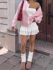 Korean Style Cute Sweet & Spicy Slouchy Vibe, Women's Pink Cable Knit Contrast Collar Cardigan, Long Sleeve Round Neck Button Front Knit Sweater, Autumn Daily Commute Casual Loose Basic Style, Back To School Season - Pink - View 2