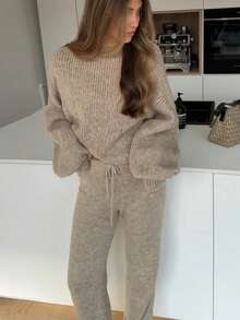 Women's Ribbed Knit Sweater Set In Khaki, Includes Drawstring Pants, Medium Stretch, Warm Casual Loungewear For Autumn/Winter - Khaki - View 4