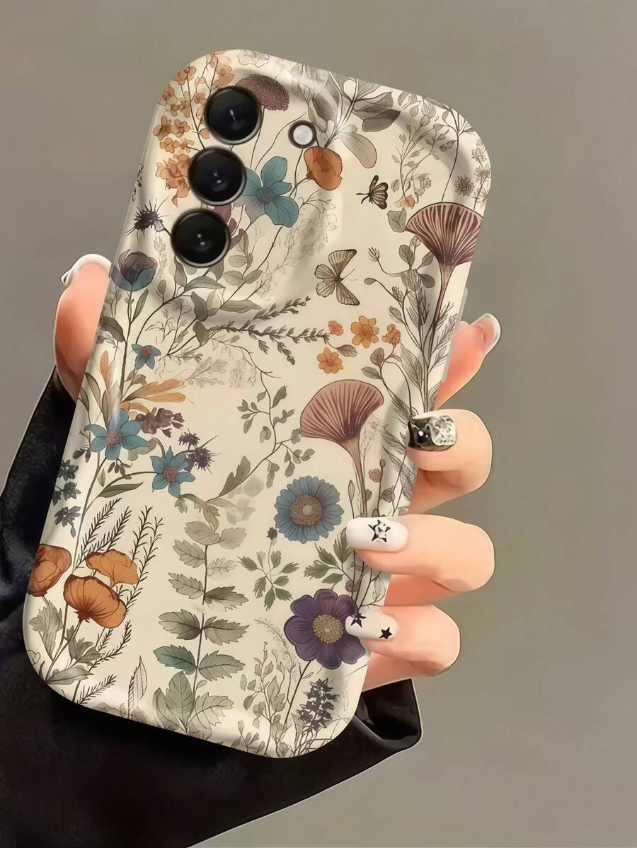 1pc Wavy Edge Vintage Wildflower & Butterfly Print Phone Case, Soft TPU Shockproof Protective Cover, Retro Floral Pattern Phone Case Compatible With Samsung, Series Phones - White - View 1