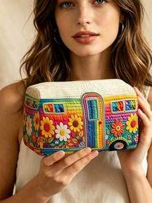 New 2D Floral Pattern Quilted Makeup Bag, Lightweight And Portable, Stackable Storage; Made Of Breathable Mesh And Washable Lining; Suitable For Storing Makeup Brushes, Lipsticks, Skincare Bottles, Jewelry And Other Items, Meeting Daily Organization, Overnight Travel, Vacation And Gym Storage Needs; An Ideal Choice For Travel Enthusiasts, Helping You Organize Small Items Neatly And Conveniently. (Printed Pattern Randomly Distributed) - Multicolor - View 6