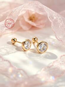 1 Pair 925 Sterling Silver Hypoallergenic Cubic Zirconia Stud Earrings, Cute And Playful Design, Sparkling Cubic Zirconia Inlaid, Spiral Ear Backs Secure Fit, Exquisite And Adorable, Gift Box Included, Suitable For Daily Or Holiday Wear, Gift For Girls, Gift For Girl, Gift For Friends, Gift For Back To School, Holiday Gift - one-size - View 2