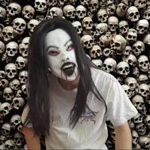 1pc Horror Stitched Face Ghost Mask With Long Black Hair, Female Ghost Cosplay Mask, Halloween Party Haunted House Costume Prop - Multicolor - View 5
