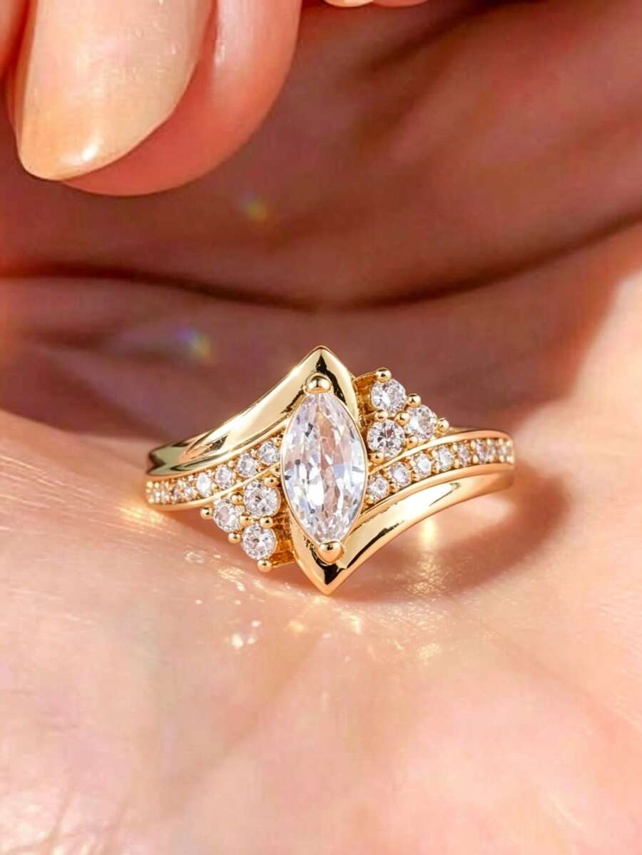 1Pc Gold Tone Marquise Cut Clear Zirconia Bypass Stackable Statement Ring, Multi Stone Paved Crystal Twist Finger Ring For Women, No Box. - Gold - View 1