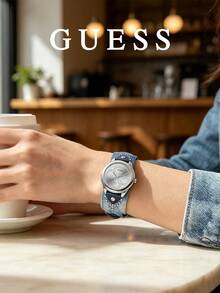GUESS Women's Round Crystal Dial Denim Strap Rivet Decor Quartz Wristwatch Casual Fashion 3ATM Waterproof Women's Watch W1141L1 - Blue - View 3