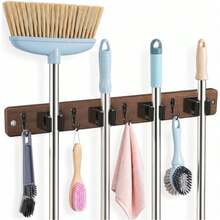 Broom Holder Wall Mount, 4 Holders 4 Hooks Mop And Broom Organizer Mop Holder Wall Mount And Broom Hanger For Garage, Laundry Room, Kitchen And Utility Storage - Brown - View 3