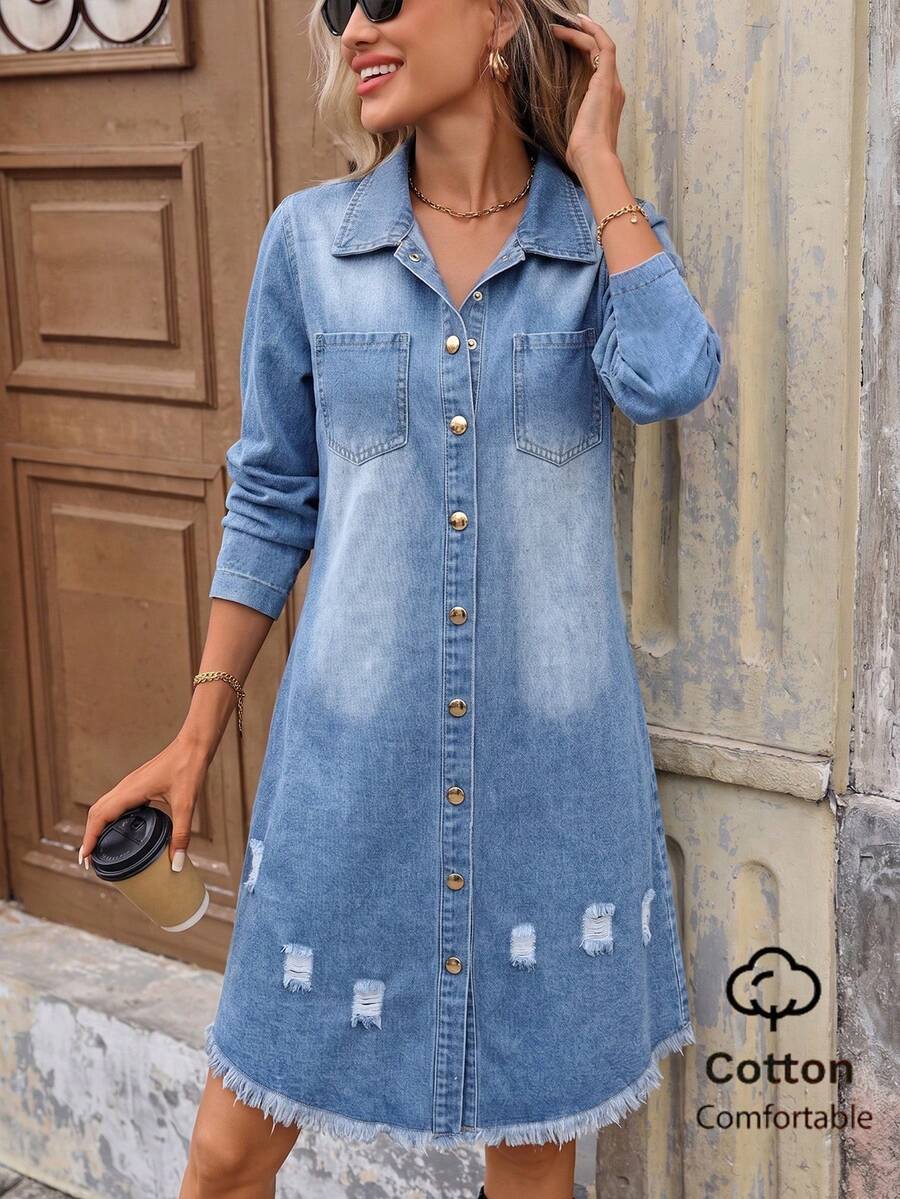 Women's Light Blue Long-Sleeve Distressed Denim Dress Casual - Light Wash - View 1