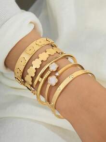 5pcs Luxurious Elegant High-End Exquisite Sparkling Gold Wide Clover/Heart Shaped Women's Bracelet Set - Yellow Gold - View 1