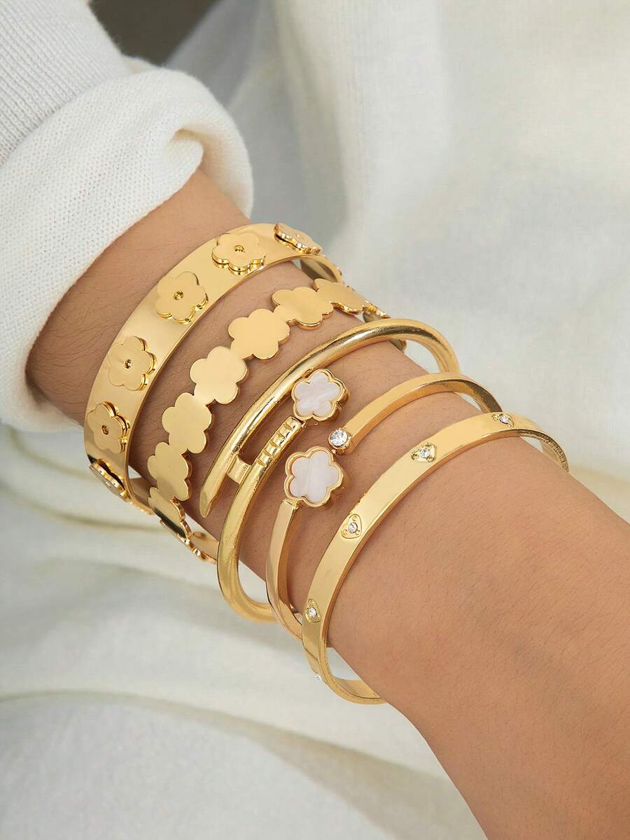 5pcs Luxurious Elegant High-End Exquisite Sparkling Gold Wide Clover/Heart Shaped Women's Bracelet Set - Yellow Gold - View 1