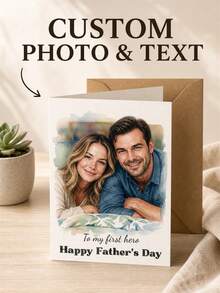 Custom Photo & Text Watercolor Father's Day Greeting Card, Personalized Portrait Folded Card, Sweet Heartfelt Greeting For Father's Day Celebration, Family Blessing Delivery, Warm Parent-Child Emotional Expression And Holiday Souvenir Gift - Multicolor - View 10
