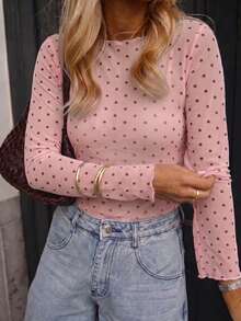Pink Polka Dot Sheer Mesh Long Sleeve Top, Ruffle Round Neck Fitted Blouse, French Style Layering Blouse, Casual Summer Date Night Top - Baby Pink - View 4