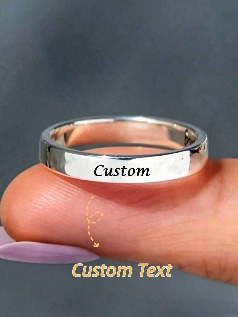 Personalized Custom Engraved Stainless Steel Ring, Wedding Ring, Customized Name Letter Date Ring, Size 7-10, Simple Round, Silver, Gold, Black, Tail Ring, Unisex, Valentine's Day Gift, Friendship, Wedding Accessory, Valentine's Day - Silver - View 1