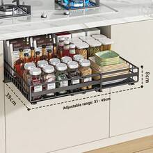 Expandable Pull-Out Cabinet Organizer for Kitchen or Bathroom – Slide-Out Storage Drawer 31-49cm Adjustable Width, Adhesive No-Drill Install, Durable Steel Basket Shelf - Schwarz - Übersicht 3