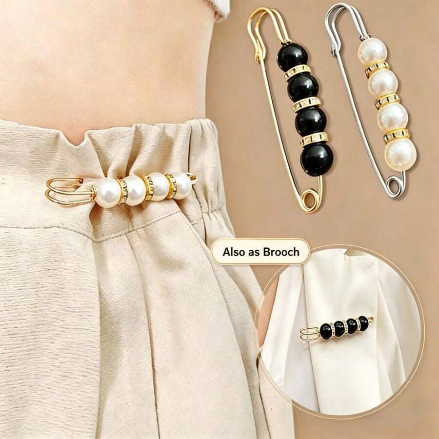 2pcs/Set Waist Size Reducer With Faux Pearl Decor, Anti-Exposure Waist Fixing Buckle, Elegant Fashion Brooch - Multicolor - View 1