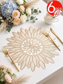Tkvega • Home 12入金色羽毛餐墊，PVC材質3D壓紋圓形奢華風隔熱墊，精美花瓶墊 38cm，可水洗、易清潔、可擦拭、防滑耐熱，適合房間裝飾、居家餐桌布置、家居裝飾、節日、派對、生日、婚禮與晚餐聚會 - 彩色 - 查看 13