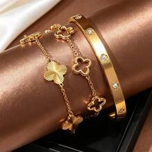 3Pcs Gold Stackable Bracelet Set, Rhinestone Bangle, Solid & Hollow Clover Chain Bracelets For Women - Gold - View 2
