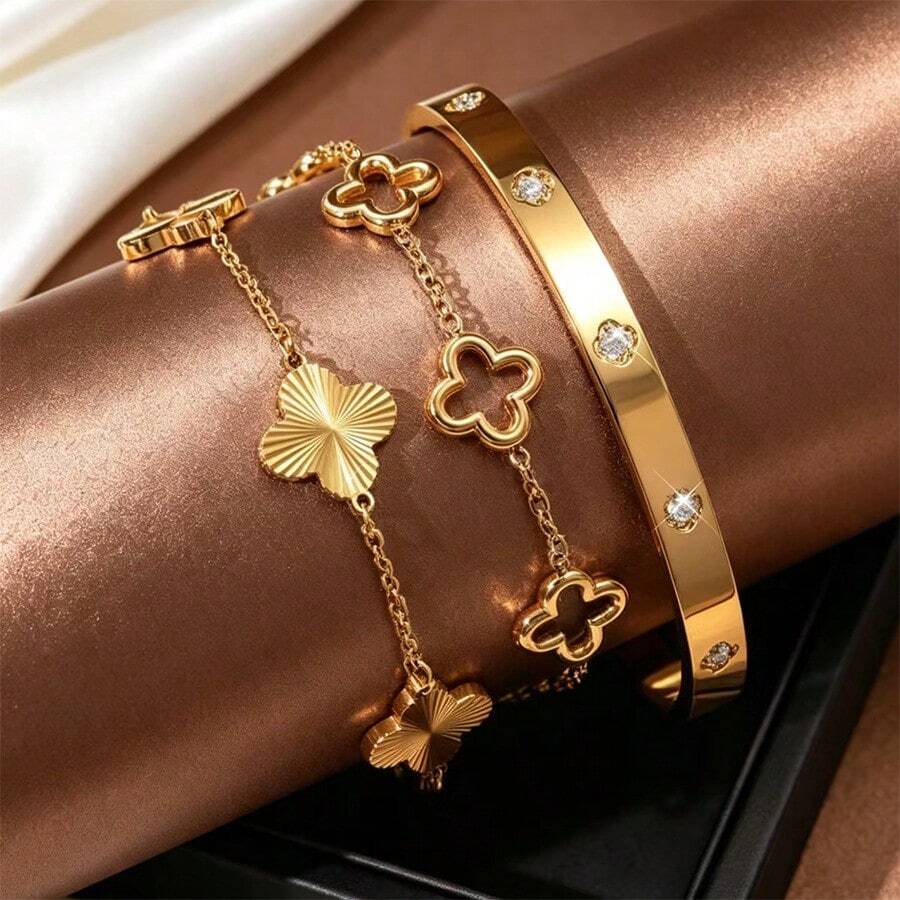 3Pcs Gold Stackable Bracelet Set, Rhinestone Bangle, Solid & Hollow Clover Chain Bracelets For Women