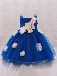 Baby Girls Thick Strap 3D Flower Mesh Flower Girl Dress, Suitable For Birthday Party, Headband Not Included - Royal Blue - View 6
