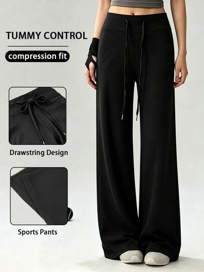 New Women's Drawstring Waist Sports Pants, High Waist Black Yoga Pants, Breathable Wide Leg Straight Leg Pants, Four-Way Stretch Fabric Fall