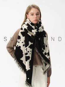 1pc Women's Cow Print Fashion Soft Warm Polyester Faux Mink Fur Scarf, Suitable For Autumn/Winter Daily Wear And Halloween - Black and White - View 8