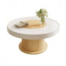Round Coffee Table With Ribbed Cylindrical Base, Table With White-Wood-Colored Two-Tone Tabletop Made Of MDF And PVC, Living Room Table For The Living Room, Compact Side Table For Small Apartments - 白色 - 查看 1