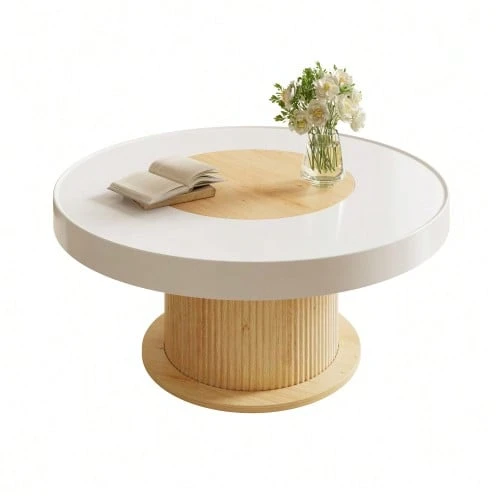Round Coffee Table With Ribbed Cylindrical Base, Table With White-Wood-Colored Two-Tone Tabletop Made Of MDF And PVC, Living Room Table For The Living Room, Compact Side Table For Small Apartments - 白色 - 查看 1