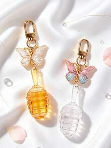 Cute Honey Lip Oil Bottle Keychain With Butterfly Pendant, Lip Gloss Bottle Bag Charm, Travel Refillable Bottle, Lipstick Tube, Empty Lip Gloss Container - Multicolor - View 7