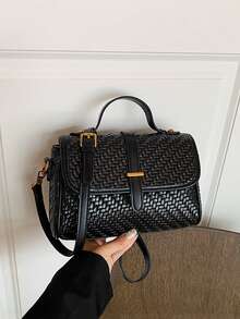 Women's Vintage Faux Leather Woven Texture Small Handbag, High-End Boston Small Bag, Versatile Shoulder Crossbody Commuter Bag - Black - View 7