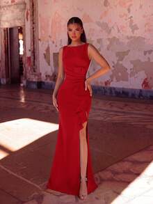 ADYCE Women's High Waist Pleated Ruffle Backless Party Dress, Suitable For Prom, Party, Date Night, Wedding Guest - Red - View 1