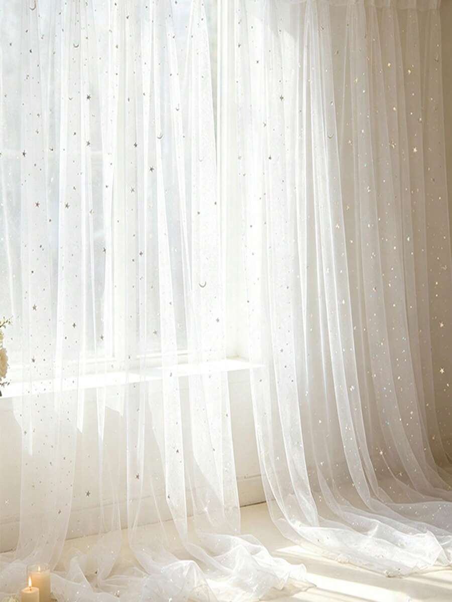 1pc, 2m, 3 Meters, 4m Long Colorful Star Moon Sequin White Mesh Tulle Fabric, Suitable For Birthday Party, Wedding Arch Decoration, Ceremony Backdrop Decoration, Various Banquet Hanging Decoration, Bachelor Party, Social Dance, Anniversary, Valentine's Day, Halloween, Christmas, Dessert Table Arrangement, Aisle/Hanging/Table & Chair Decoration, Home Hanging Curtain Decoration, DIY Cuttable, Multi-Functional Decorative Craft Fabric