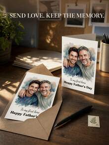 Custom Photo & Text Watercolor Father's Day Greeting Card, Personalized Portrait Folded Card, Sweet Heartfelt Greeting For Father's Day Celebration, Family Blessing Delivery, Warm Parent-Child Emotional Expression And Holiday Souvenir Gift - Multicolor - View 6