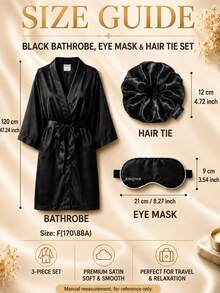 Kérastase Black Bathrobe, Eye Mask, And Hair Scrunchie 3-Piece Set, One Size F (170/88A), Smooth Satin, Lightweight And Breathable, Suitable For Home Relaxation, Business Trips, And Travel - Black - View 4