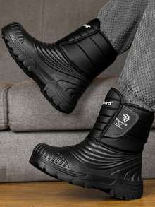GAISIMA New Men's Pure Black Wavy Striped Fully Thermal-Lined Snow Boots, Thick Textured Anti-Slip Sole Winter Warm Outdoor Boots - Black - View 5